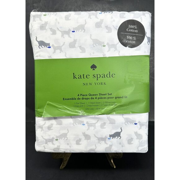 kate spade new york Other - KATE SPADE CATS Cotton QUEEN 4 Piece Sheet Set NEW Grey Gray Kittens Kitties